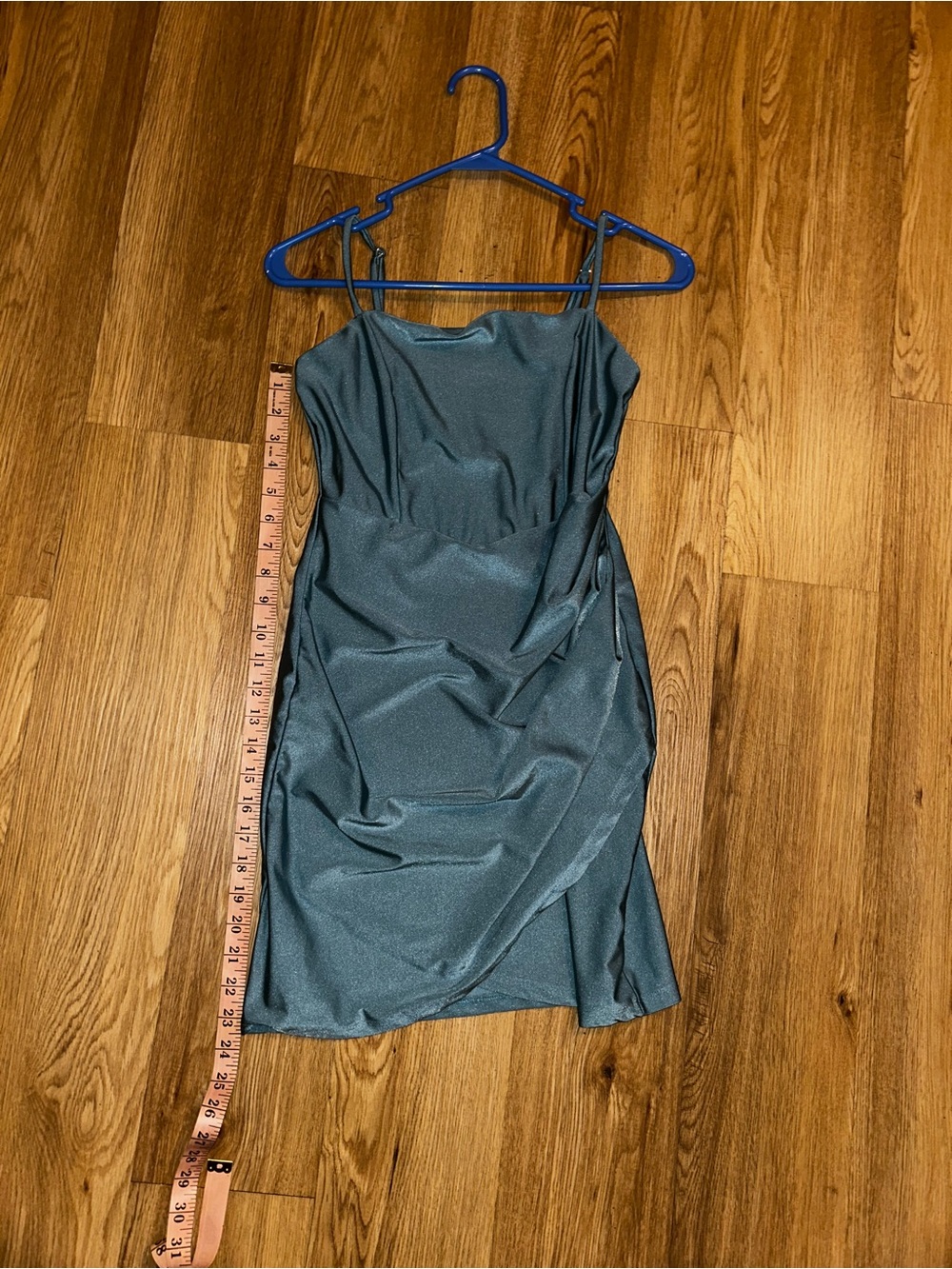 Mind Code Teal Satin Drape Mini Dress - Picture 6 of 7